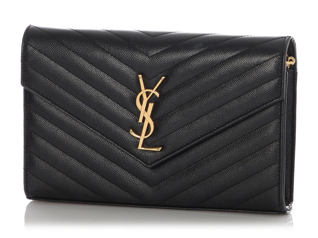 Saint Laurent Large Black Chevron Grain de Poudre Wallet on Chain