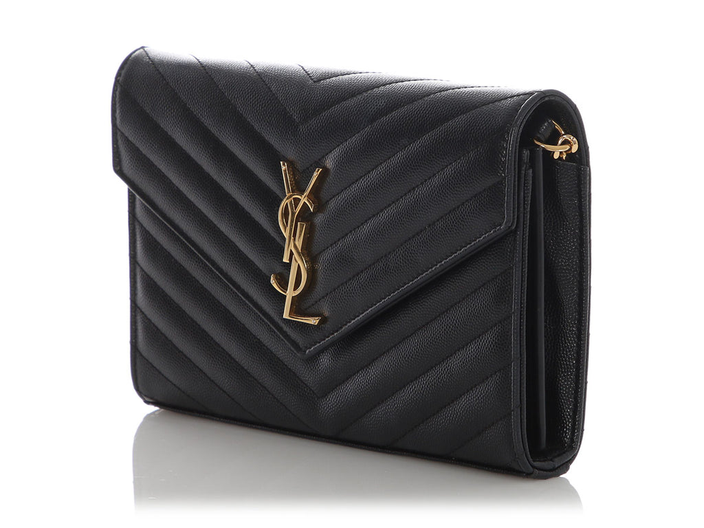 Saint Laurent Large Black Chevron Grain de Poudre Wallet on Chain