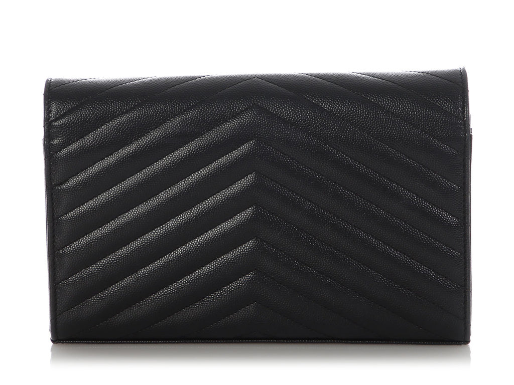 Saint Laurent Large Black Chevron Grain de Poudre Wallet on Chain