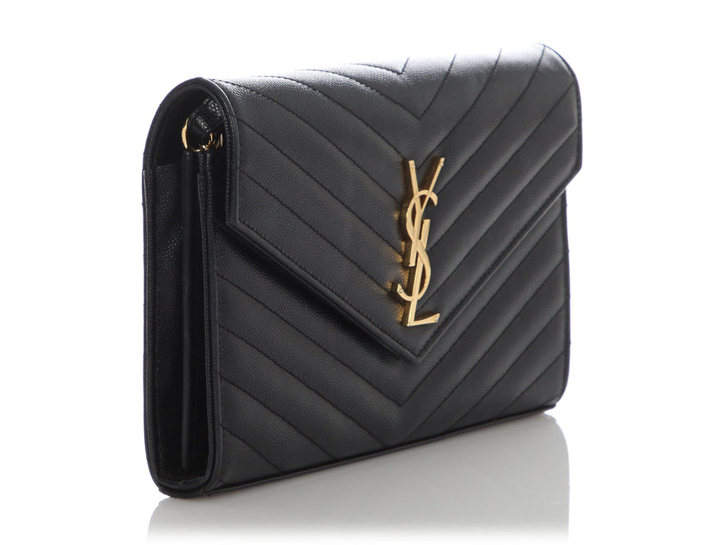 Saint Laurent Large Black Chevron Grain de Poudre Wallet on Chain