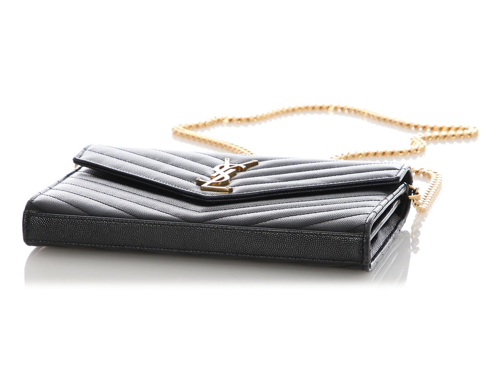 Saint Laurent Large Black Chevron Grain de Poudre Wallet on Chain