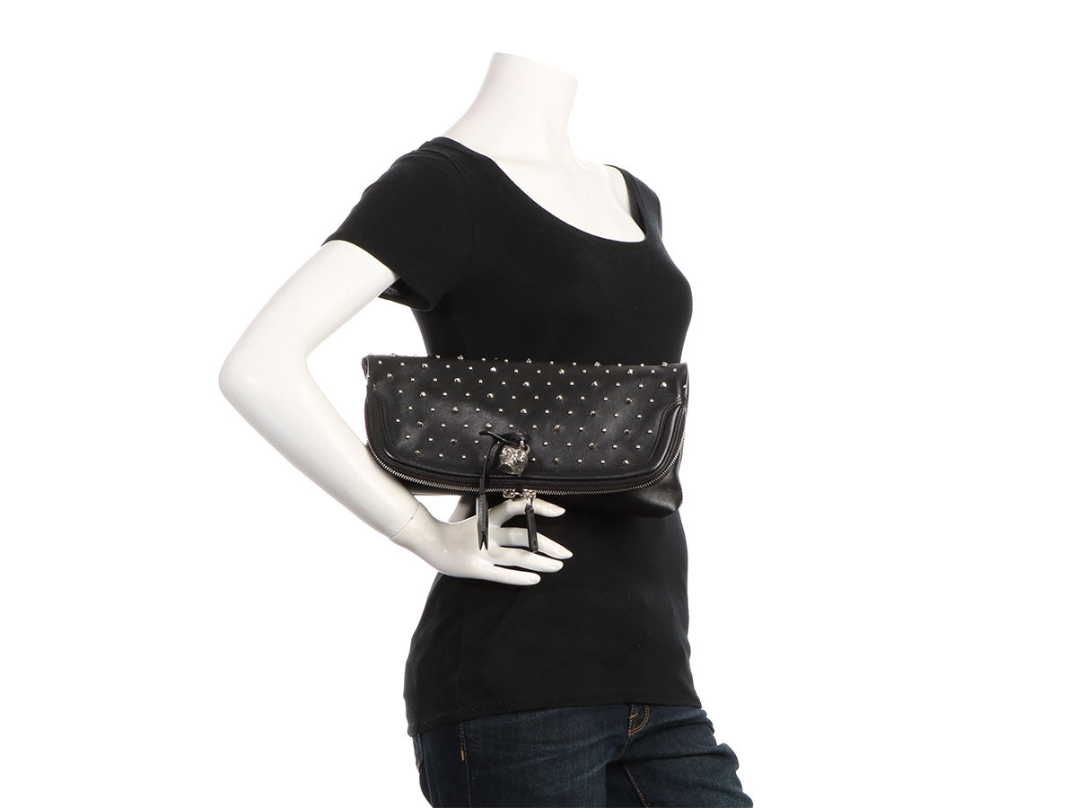 Alexander McQueen Black Calfskin Studded Padlock Skull Clutch - Ann's Fabulous Closeouts Alexander McQueen Black Calfskin Studded Padlock Skull Clutch - Ann's Fabulous Closeouts