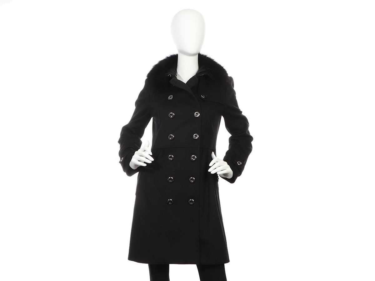 Burberry Black Coatbridge Fox Collar Wool Cashmere Coat - Ann's