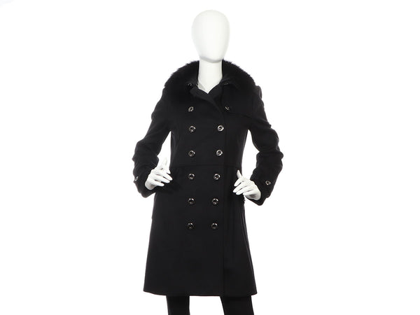 Burberry Black Coatbridge Fox Collar Wool Cashmere Coat