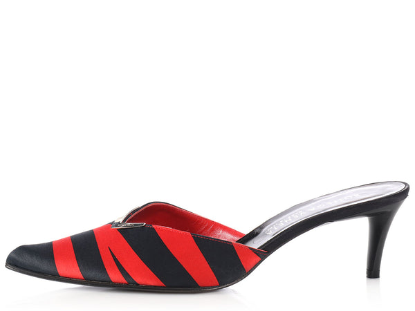 Bottega Veneta Red and Black Striped Satin Slides