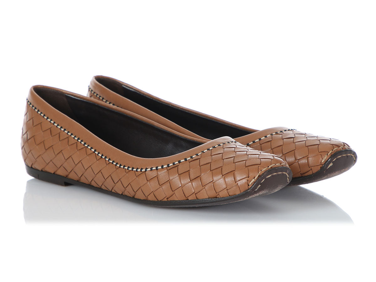 Bottega Veneta Brown Intrecciato Leather Flats - Ann's Fabulous