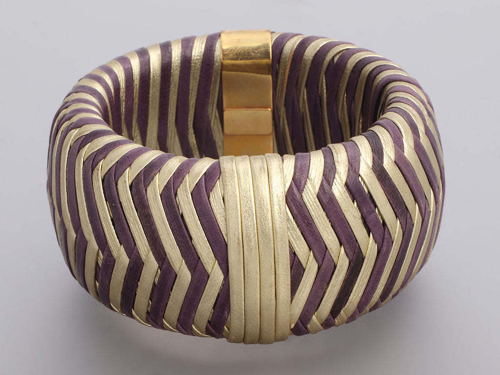 Dior Vintage Wide Gold-Tone Purple and Gold Woven Leather Bangle