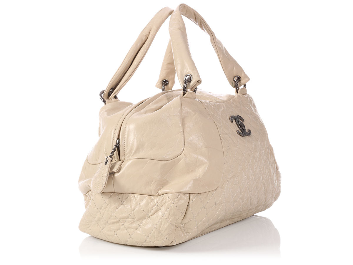 Chanel Extra Large Cream Crinkled Calfskin Bowler - Ann's Fabulous Closeouts
