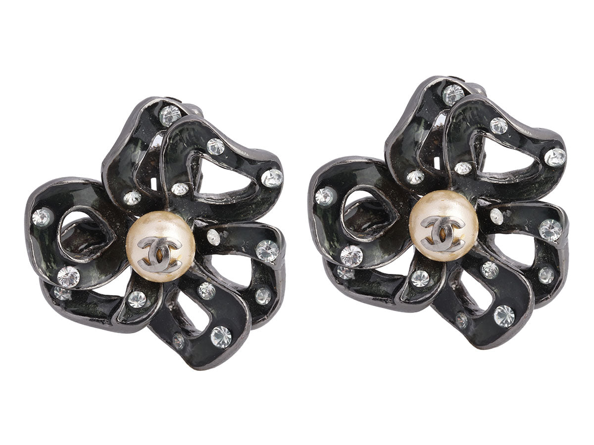 Chanel Pearl and Crystal Logo Flower Clip Earrings - Ann's Fabulous  Closeouts
