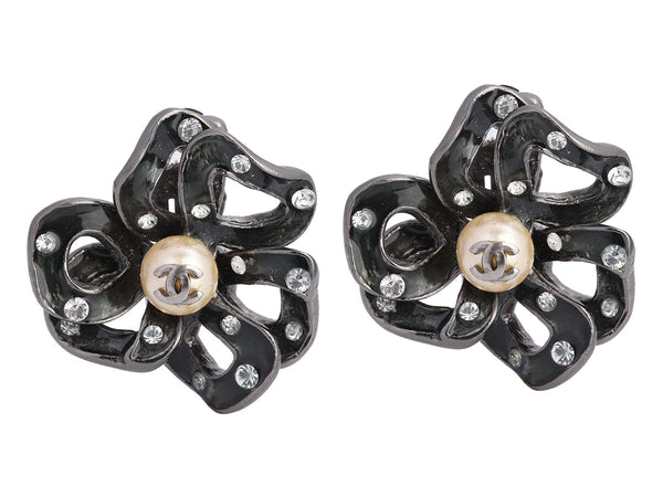 Chanel Pearl and Crystal Logo Flower Clip Earrings