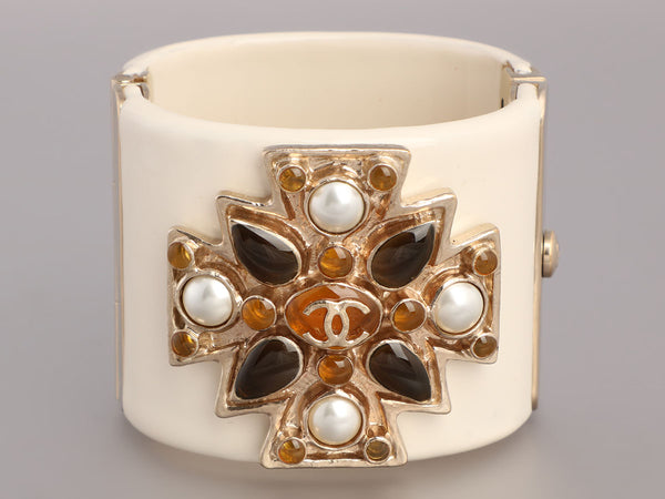 Chanel Off-White Resin Multistone Logo Maltese Cross Cuff