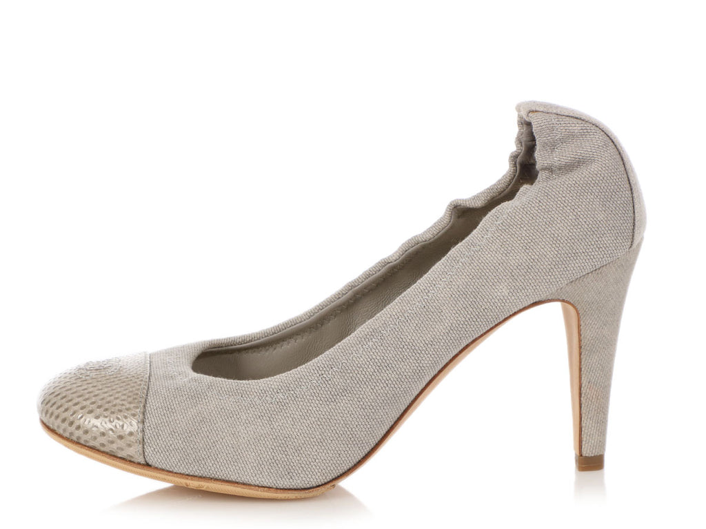 Chanel Gray Fabric and Snake Ballet Pumps