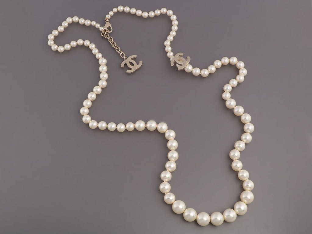 Chanel Long Gold-Tone Faux Pearl Logo Necklace - Ann's Fabulous