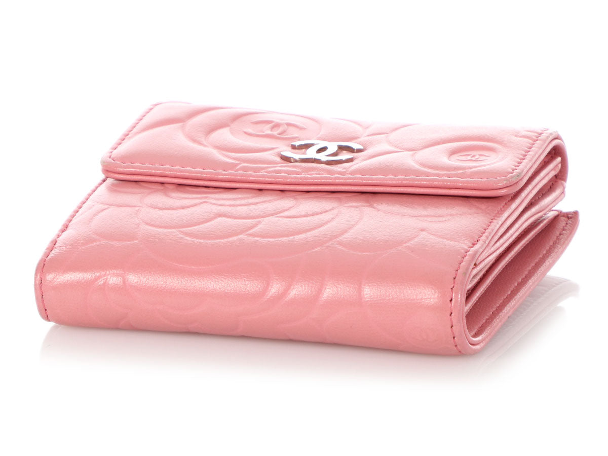 Chanel Pink Embossed Calfskin Camellia Compact Wallet - Ann's