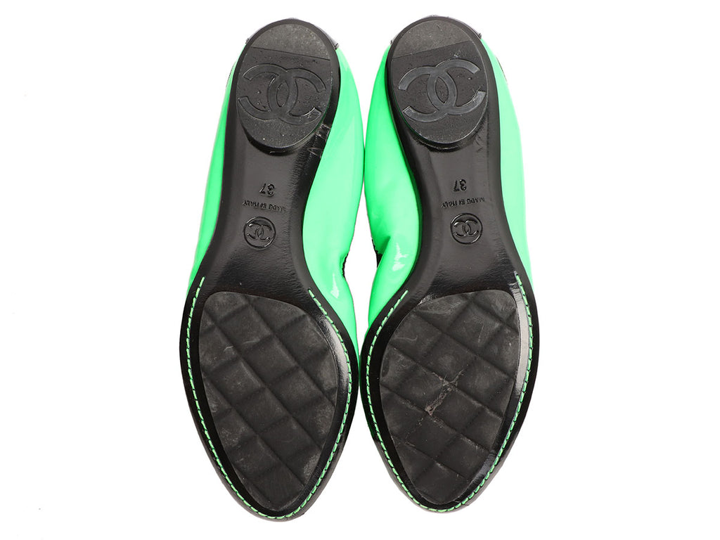 Chanel Neon Green Patent Ballerina Flats