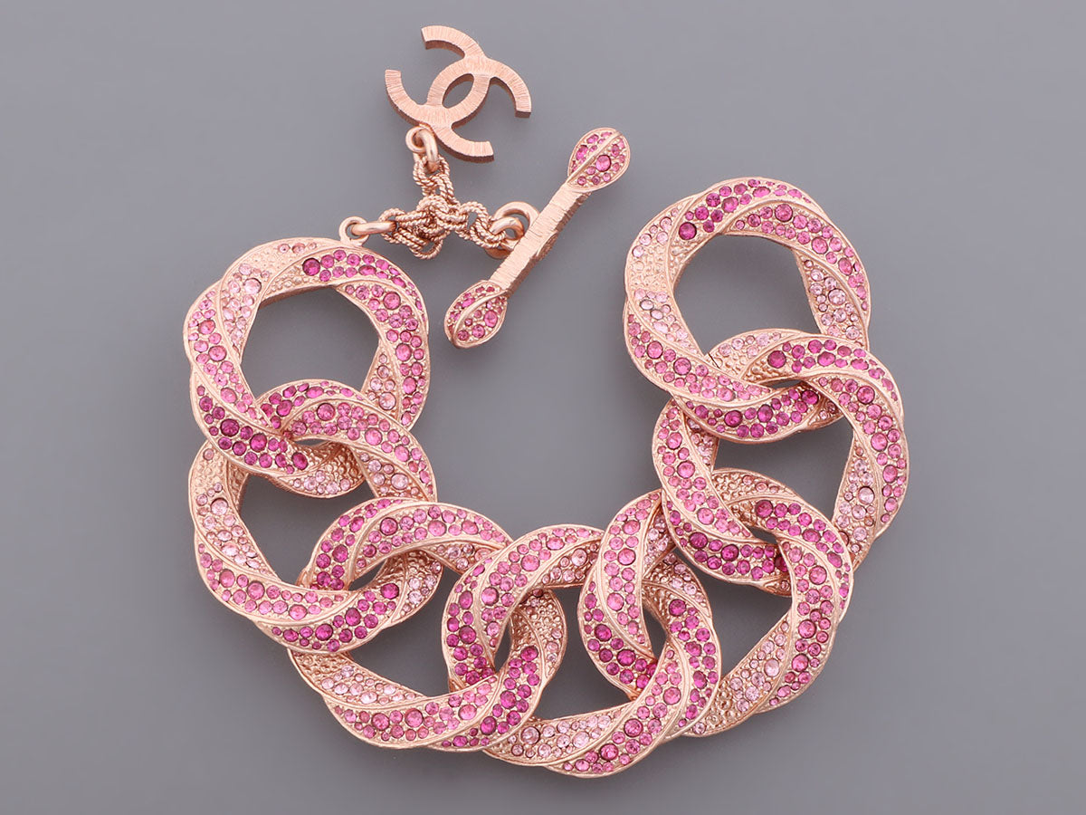 Chanel Rose Gold-Tone Pink Crystal Link Logo Bracelet - Ann's
