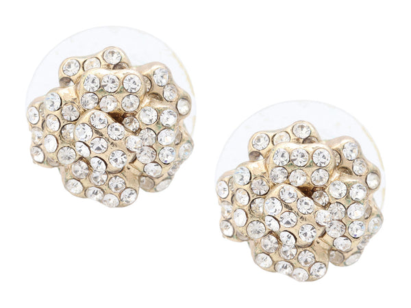 Chanel Gold-Tone Crystal Camellia Pierced Earrings