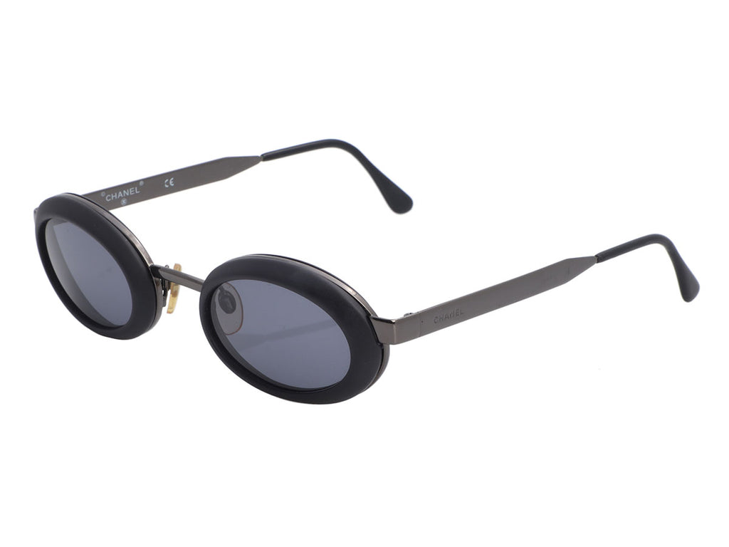 Chanel Small Matte Black Oval Sunglasses