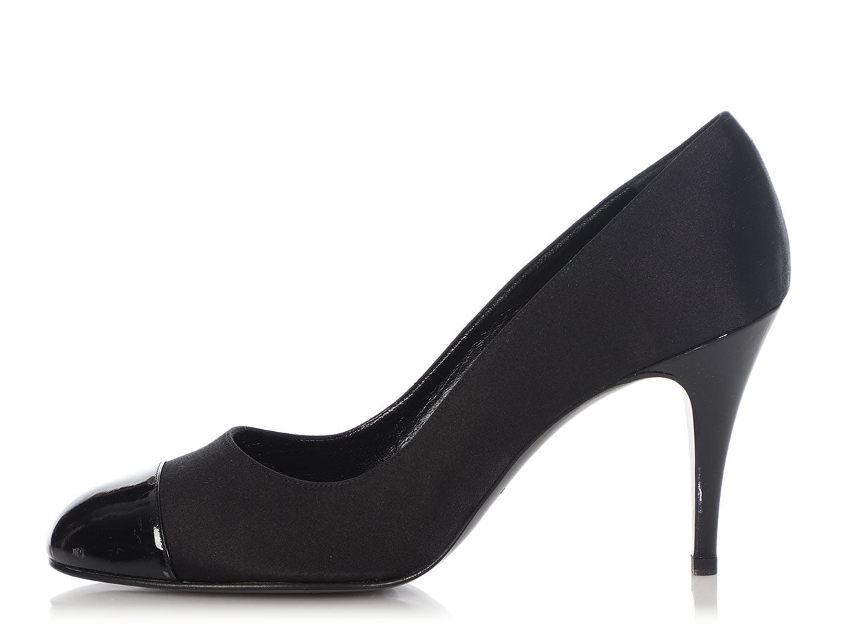 Chanel Black Satin and Patent Capped Toe Pumps - Ann's Fabulous
