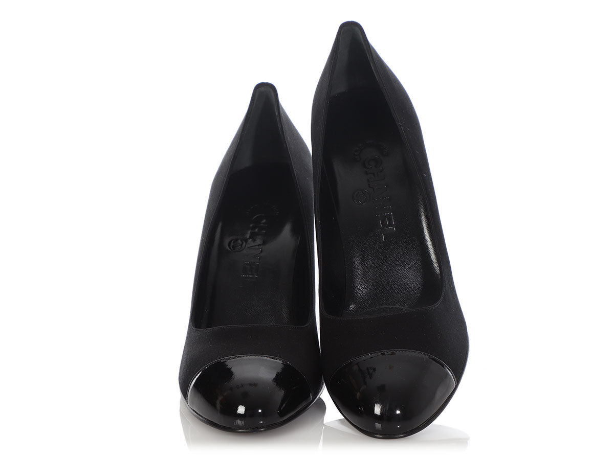 Chanel Black Satin and Patent Capped Toe Pumps - Ann's Fabulous Closeouts