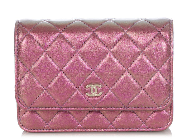 NEW Chanel 19S Pink Iridescent Grained Lambskin Card Holder Wallet Pearl CC  logo