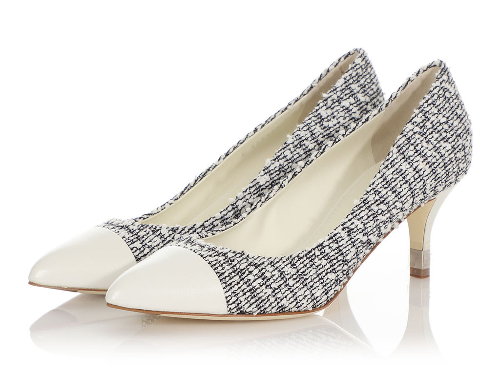 Chanel White and Black Tweed Capped Toe Pumps