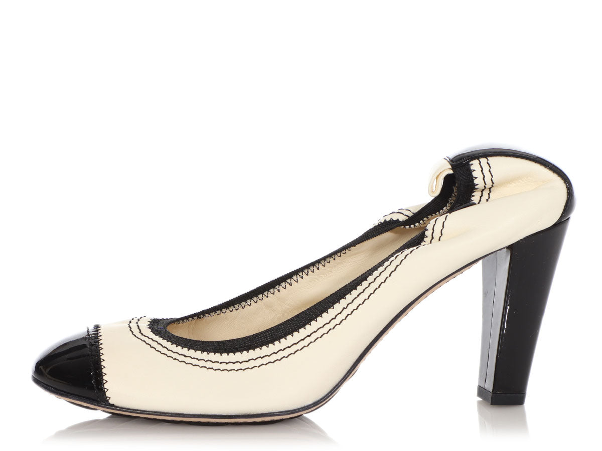 Chanel White and Black Cap Toe Stretch Pumps - Fabulous Closeouts
