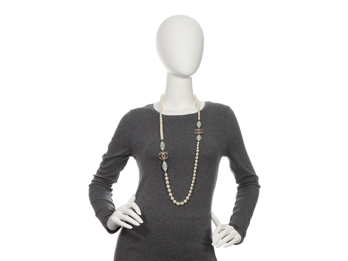 Chanel Black-gray CC Logo Faux Pearl and Crystal Long Necklace
