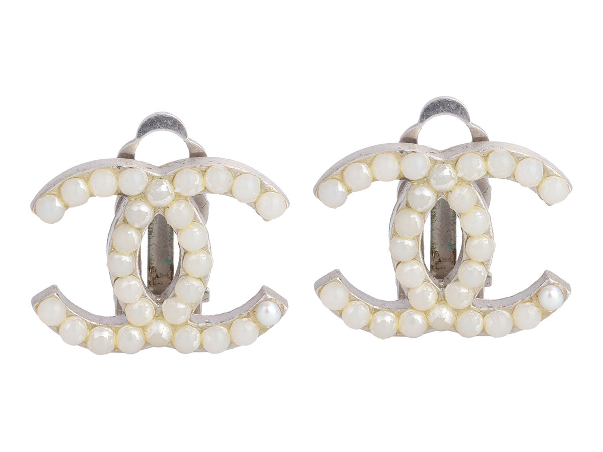Chanel Silver-Tone Pearl Logo Clip-On Earrings - Ann's Fabulous
