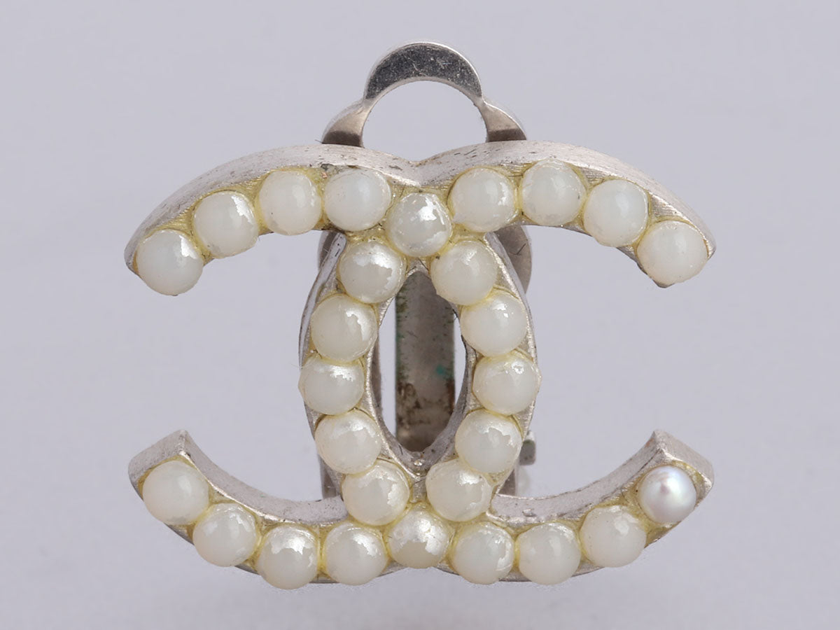 Chanel Silver-Tone Pearl Logo Clip-On Earrings - Ann's Fabulous