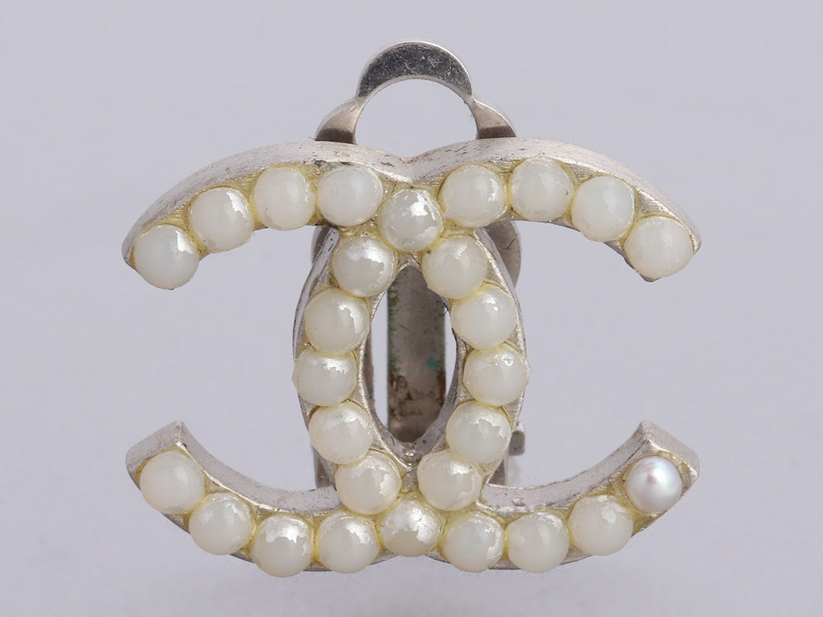 Chanel Silver-Tone Pearl Logo Clip-On Earrings