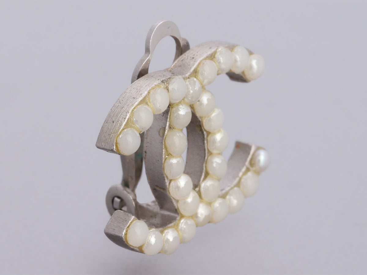 Chanel Silver-Tone Pearl Logo Clip-On Earrings - Ann's Fabulous Closeouts