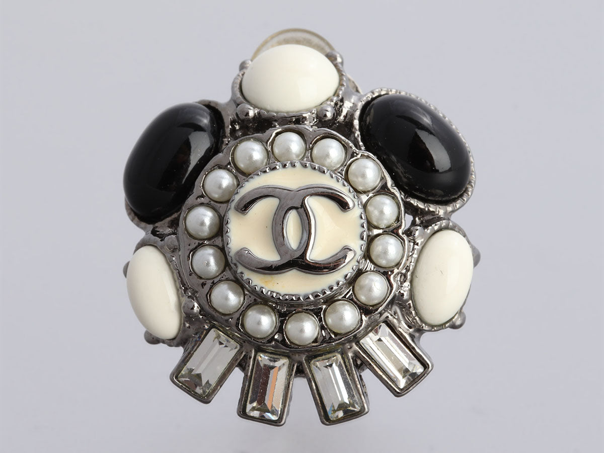 Chanel Silver-Tone Pearl Logo Clip-On Earrings