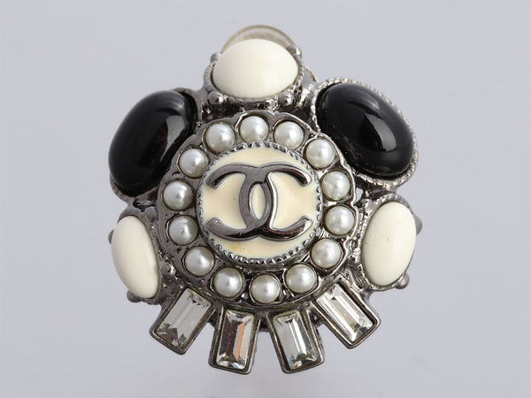 Chanel Black and White Crystal and Pearl Clip-On Earrings