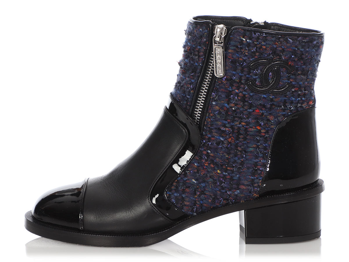 Chanel Blue Tweed and Black Leather Ankle Boots - Ann's Fabulous