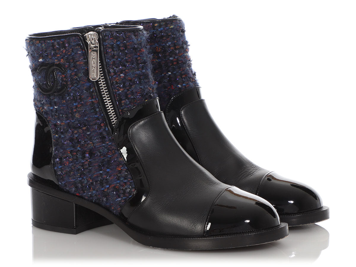 Chanel Blue Tweed and Black Leather Ankle Boots - Ann's Fabulous