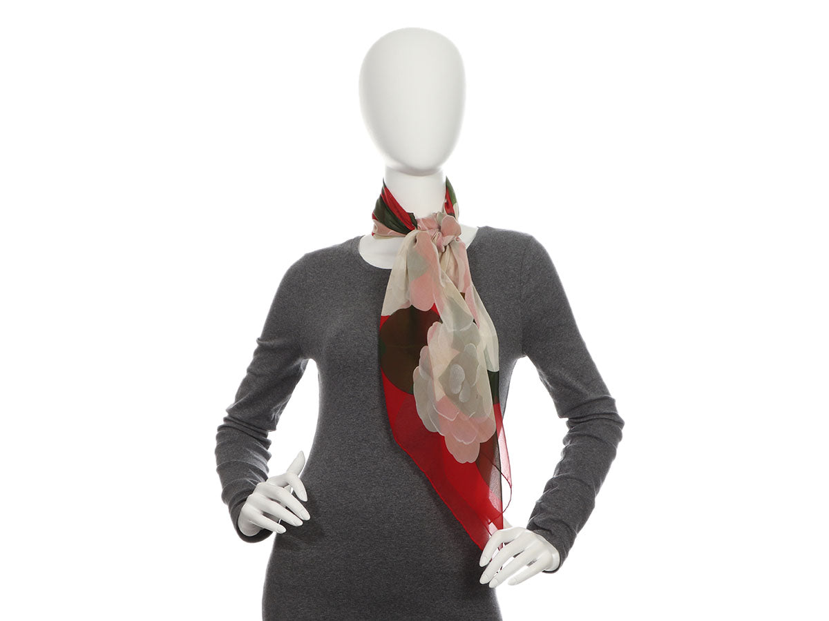 CHANEL Scarf Stole Shawl Red Jewelry Mousseline Silk Camellia Coco Floral  135 cm