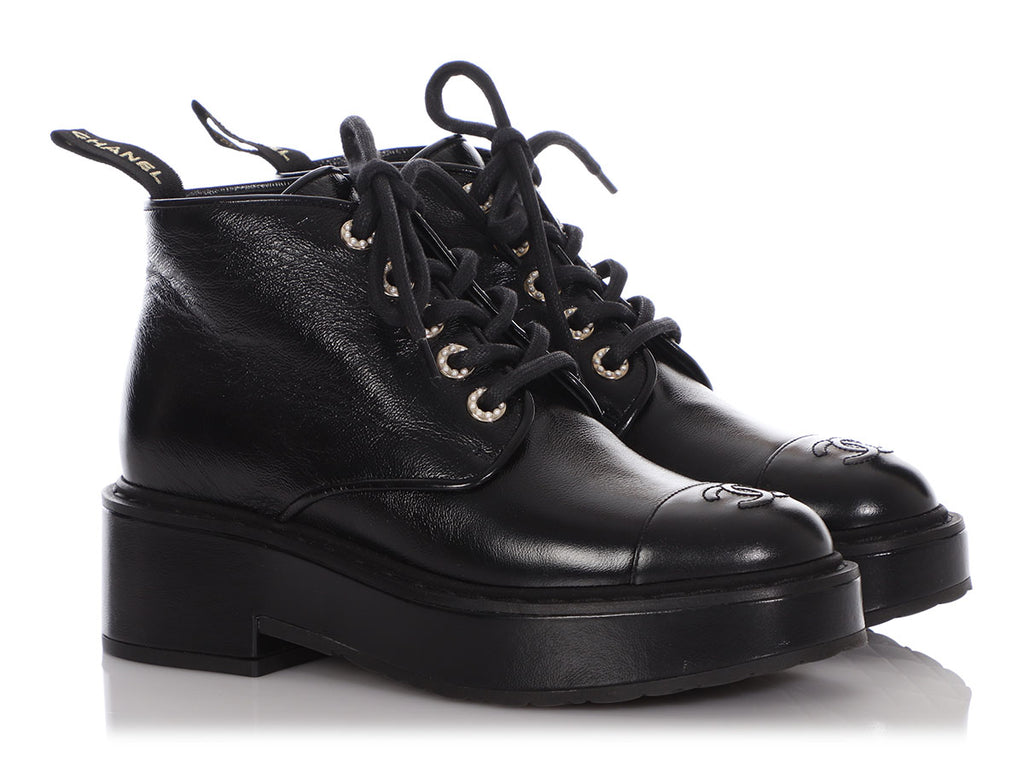 Chanel Black Capped Toe and Pearl Combat Boots - Ann's Fabulous