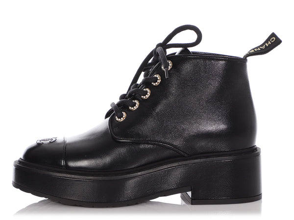 Chanel Black Capped Toe and Pearl Combat Boots