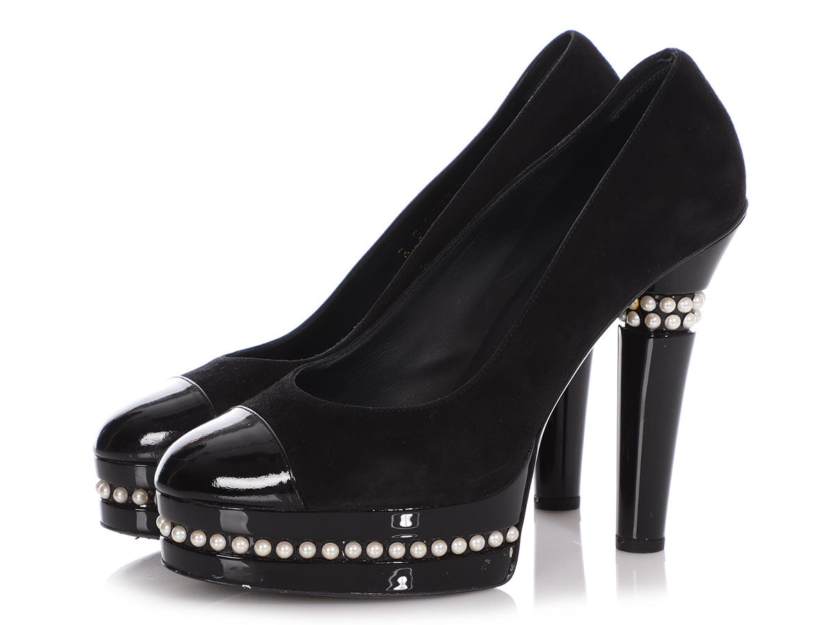 Chanel Black Suede Pearl Trimmed Platform Pumps - Ann's Fabulous
