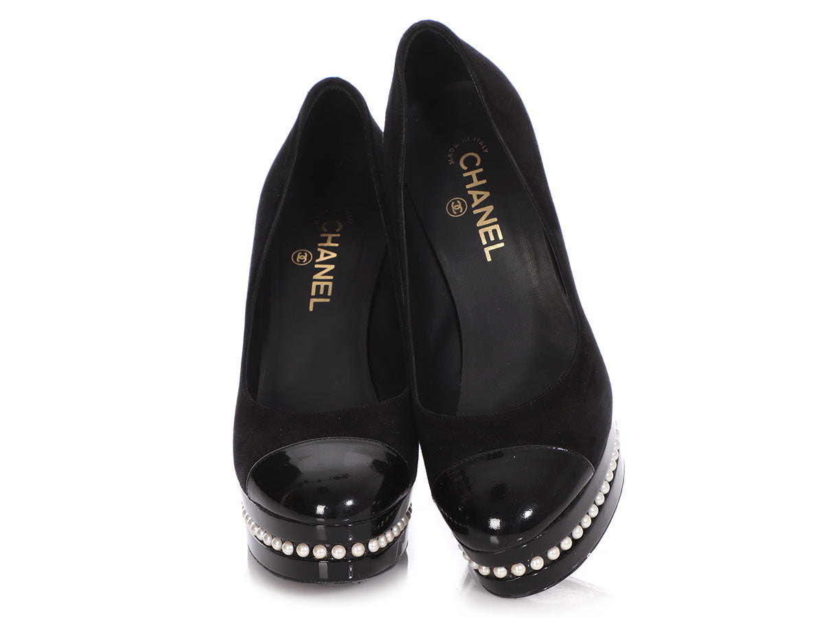 Chanel Black Suede Pearl Trimmed Platform Pumps - Ann's Fabulous