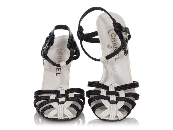 Chanel White and Black Woven Slingback T-Strap Sandals