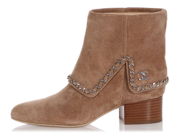 Chanel Brown Suede Chain Link Ankle Boots