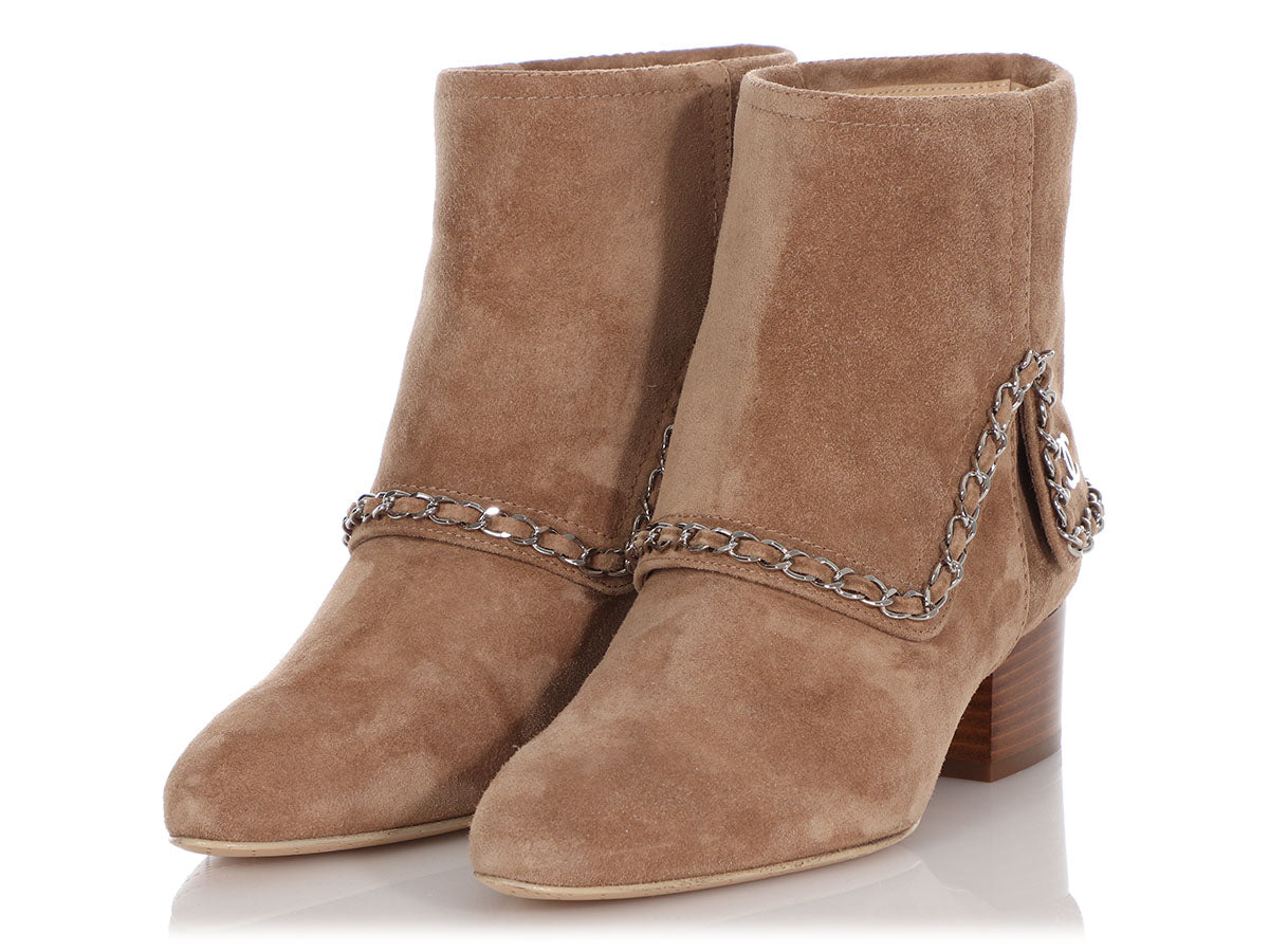 Chanel Brown Suede Chain Link Ankle Boots - Ann's Fabulous Closeouts