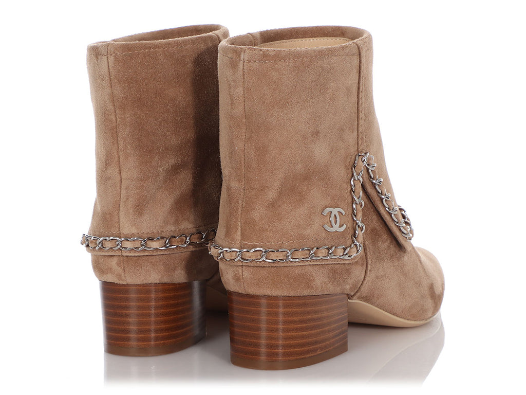 Chanel Brown Suede Chain Link Ankle Boots