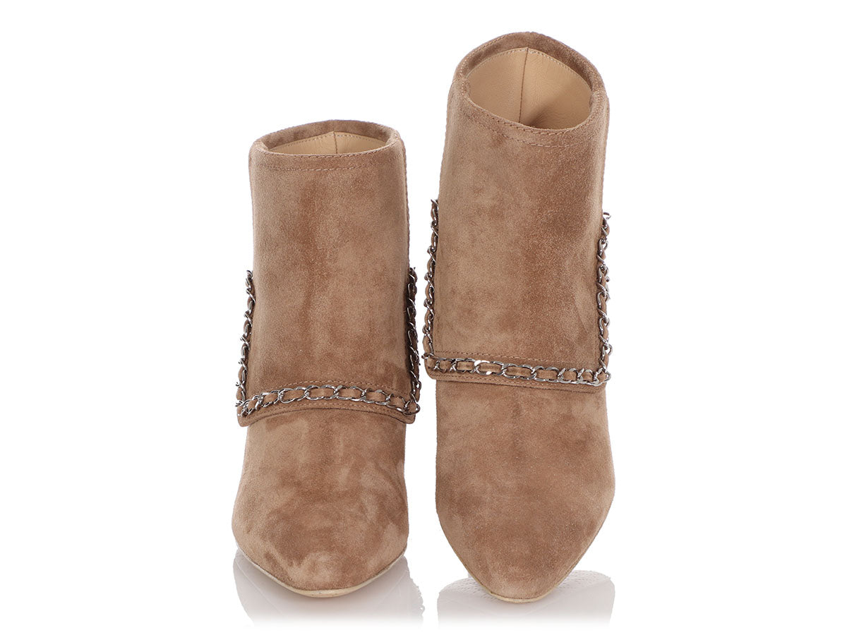 Chanel Brown Suede Chain Link Ankle Boots - Ann's Fabulous Closeouts