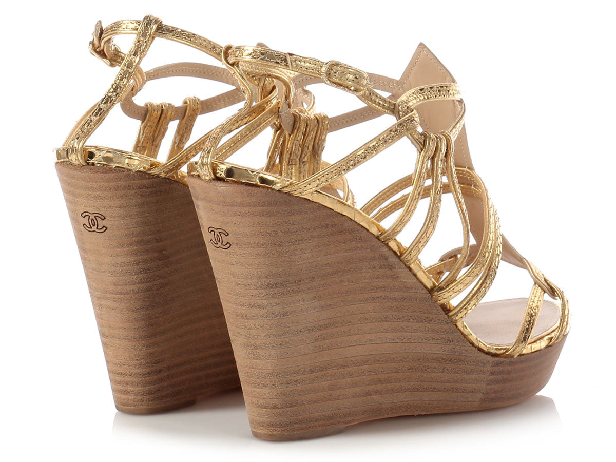 Chanel Gold Python Wedge Sandals - Ann's Fabulous Closeouts