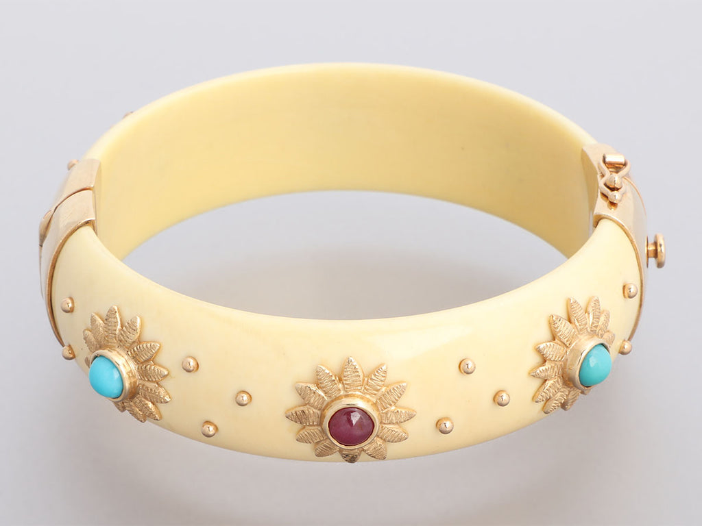 Cellino Vintage 14K Yellow Gold Turquoise and Ruby Resin Bangle