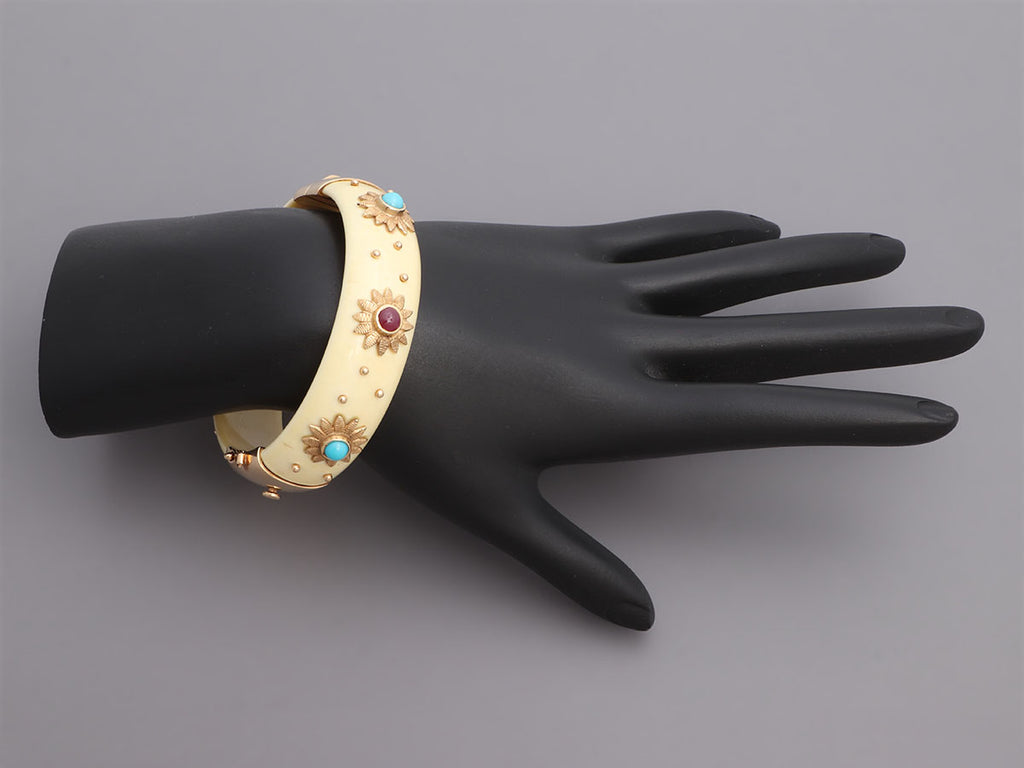 Cellino Vintage 14K Yellow Gold Turquoise and Ruby Resin Bangle