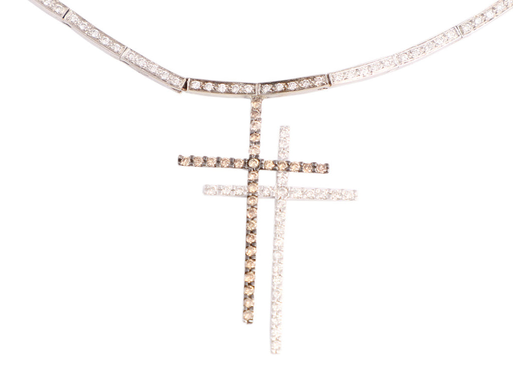 14K White Gold White and Brown Diamond Double Cross Pendant Necklace